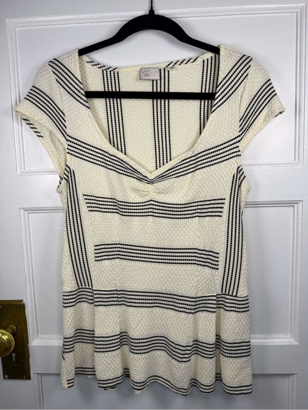 Anthropologie Striped Ivory and Black Cap-Sleeve Peplum Top